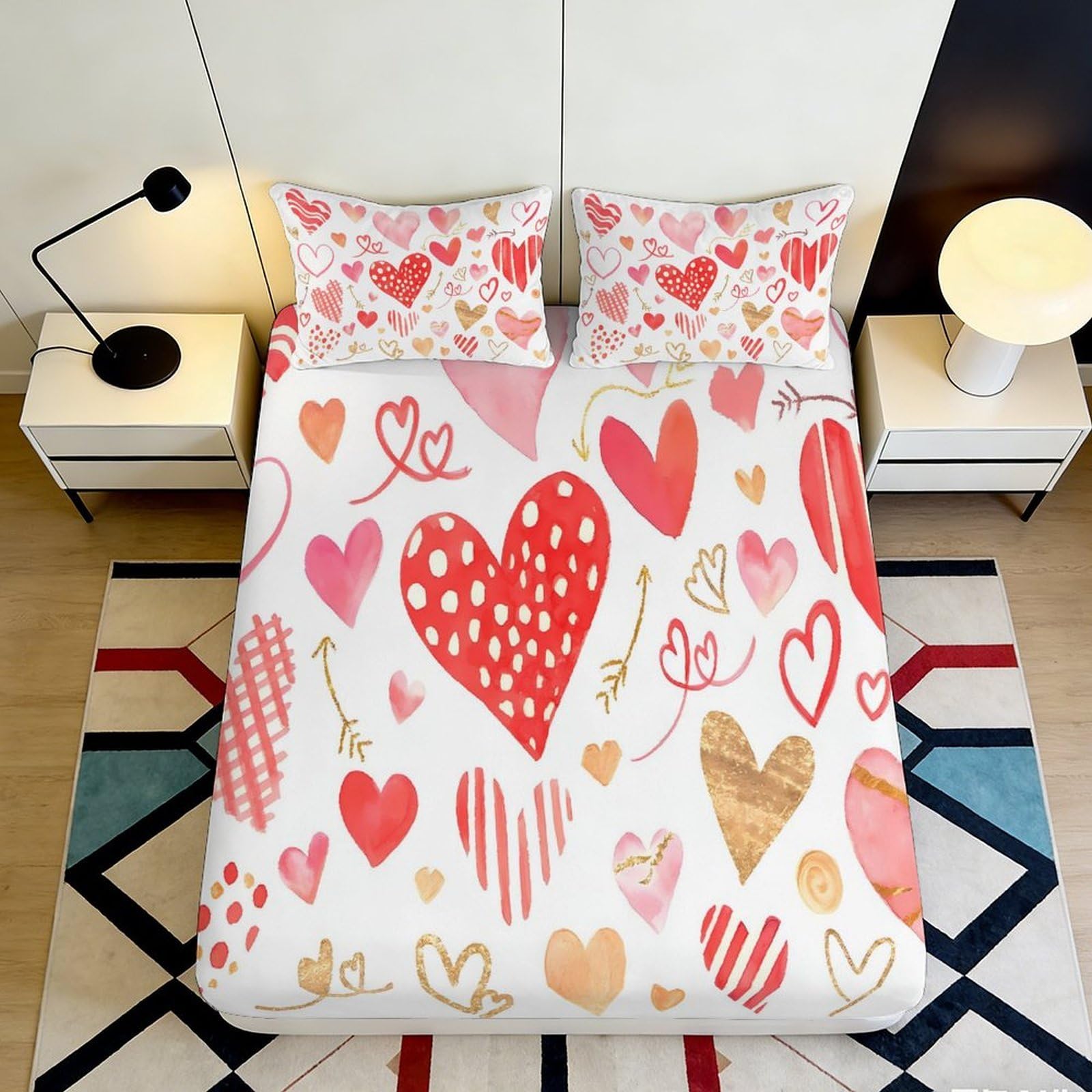 Uynsixtme Style-1 3D Printed Heart Pattern Fitted Sheet Microfiber Deep Pocket Non-Slip Bedding Heart Mattress Fitted Cover For Bedroom 90X200x25cm