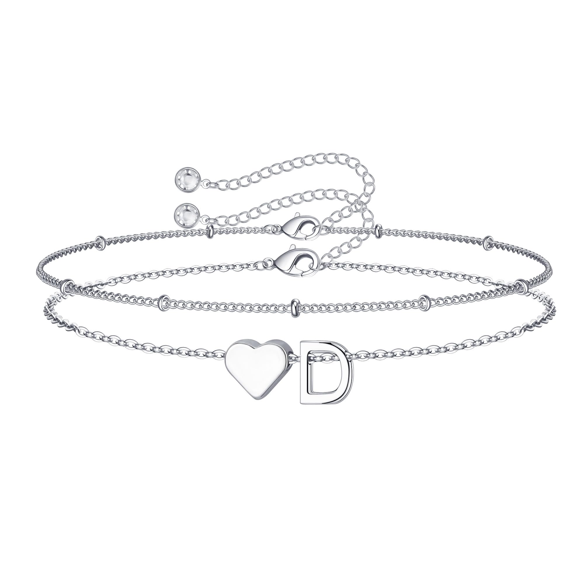 TINGN Armband Damen Silber, 14K Weißgold Vergoldete Herz Armbänder Layered Armband mit Buchstaben D Armkette Damen Silber Armbänder für Mädchen Schmuck Personalisierte Geschenke für Frauen Mädchen