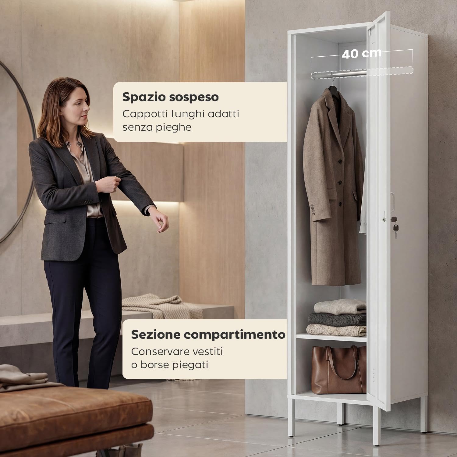 Armadietto Spogliatoio 1 Anta in Metallo Dimensioni 40x40x179 cm Colore Bianco