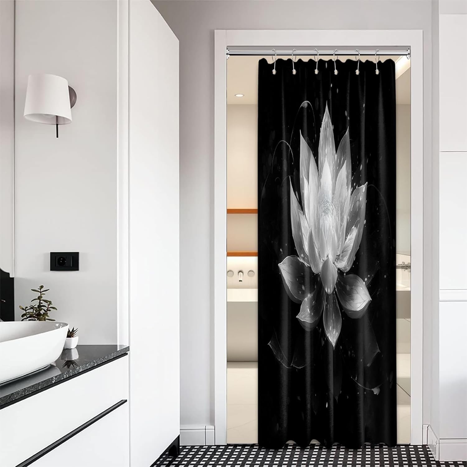 Black and Navy Blue Shower Curtain Glow in The Dark Blacklight Blue Lotus Flower Shower Curtains for Bathroom Decor Sets, Waterproof Cloth Fabric with Hooks, 70x84in