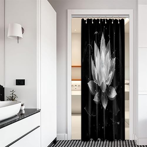 Miniatura 59 de Cortina de ducha negra y dorada con flores de loto amarillo dorado para juegos de decoración de baño, tela impermeable con ganchos, 70 x 72 pulgadas