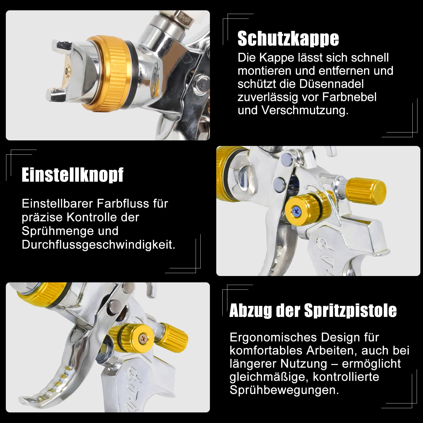 Poweka HVLP Lackierpistole Set mit 600 ml Farbbehälter, 1,4/1,7/2,0/2,5 mm Düsen, Druckluft Spritzpistole für Auto, Möbel & Wandlackierung