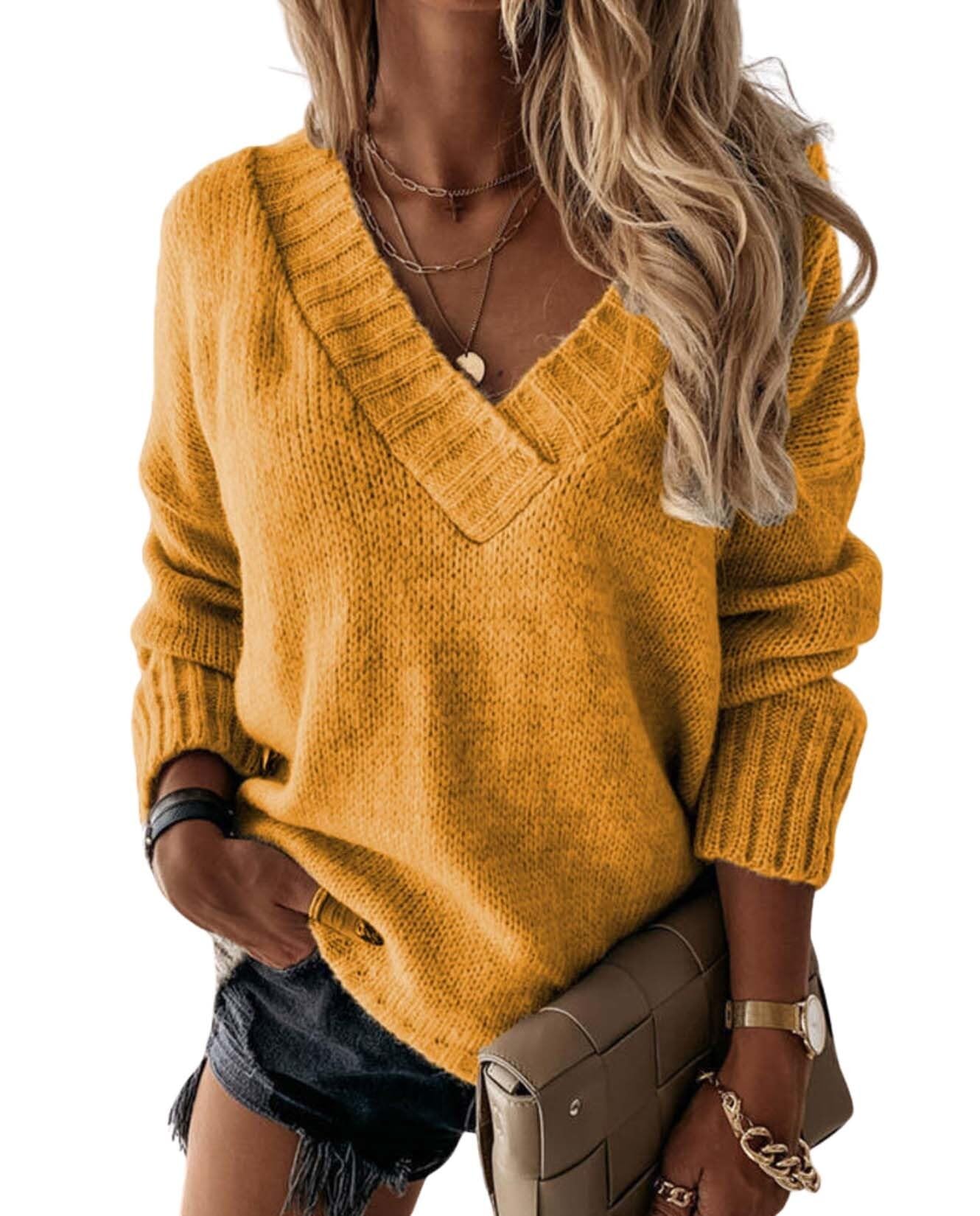 Fashion Womens Loose Sweater Sexy V Neck Long Sleeve Solid Color Casual Trendy Knitted Pullover