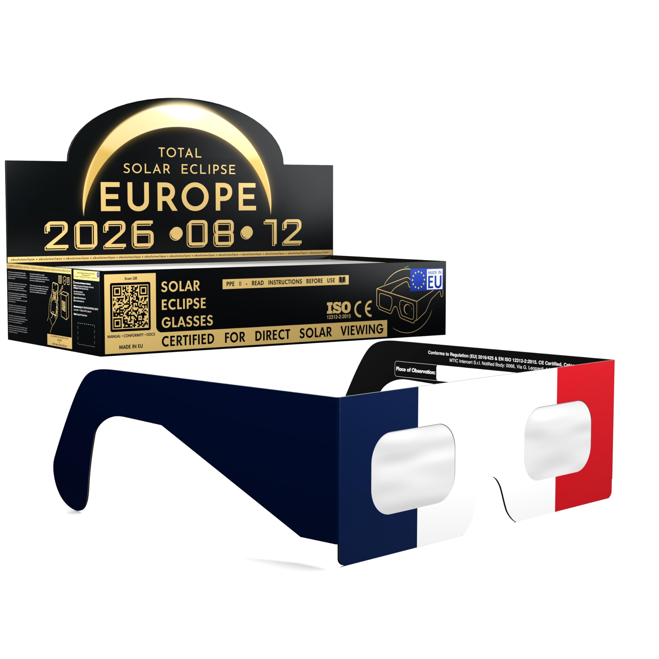 Solar Eclipse Glasses ISO 12312-2 CE Certified | Safe Solar Viewing Glasses UK | Paper Cardboard Frame | Total Solar Eclipse August 2026 | Made in EU | 100 Pack | FR