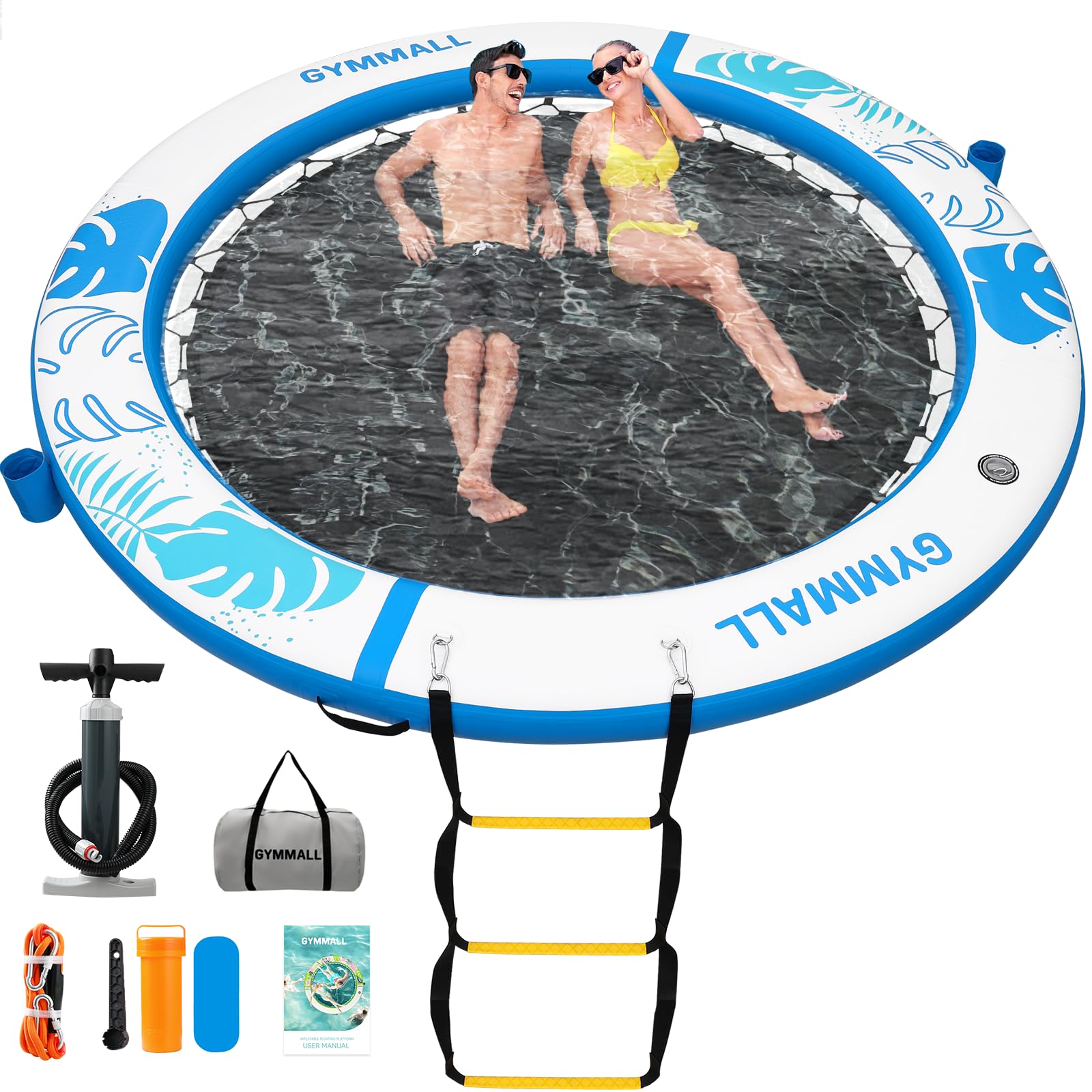 Inflatable Water Hammock Floating Dock 8 FT with Mesh, Tanning Pool Raft Round Ring for Adults, Float Platform for Lake and Beach with Water Ladder and Cup Holder