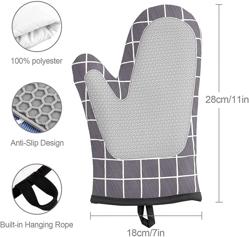 Oven Gloves, Silicone Oven Gloves, Cotton Lining and Non-Slip Surface, Square Stitched Heat Resistant Gloves for Kitchen, Baking, Grilling（Gray）