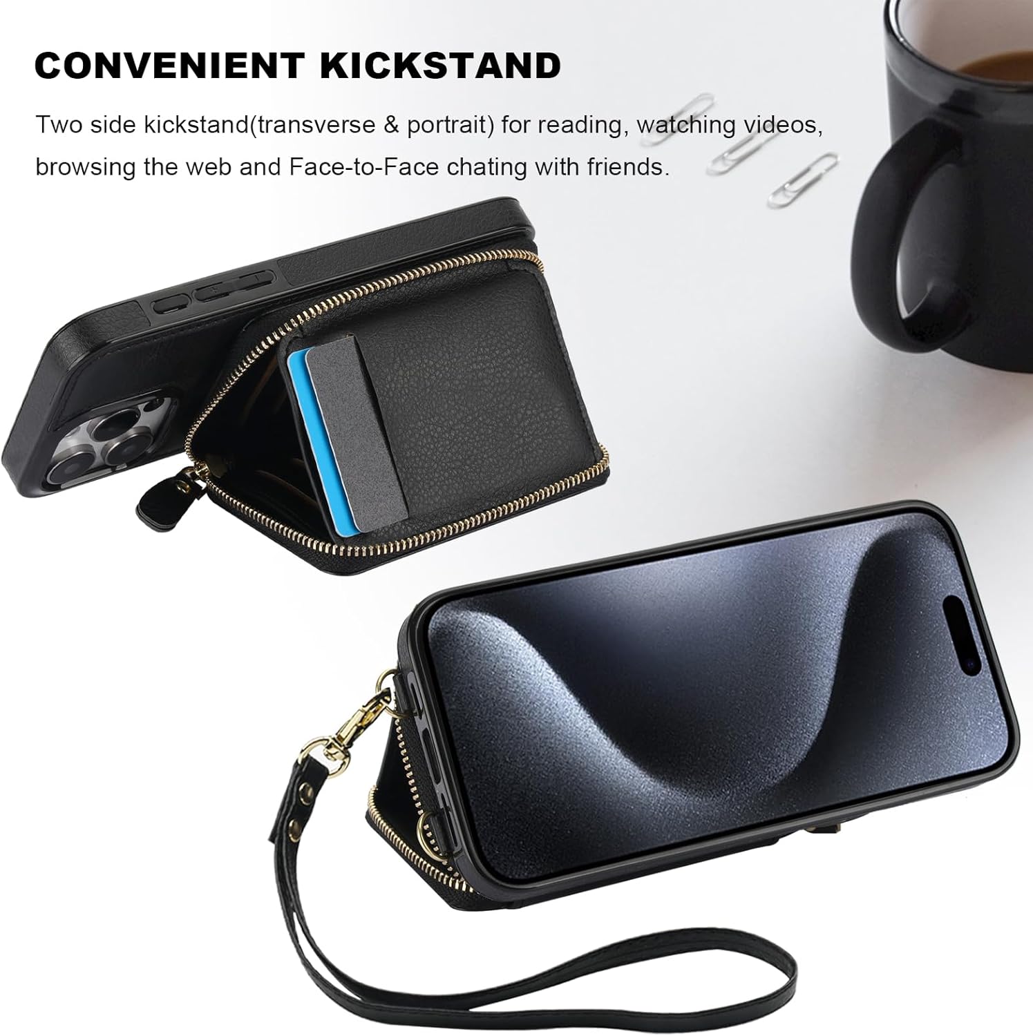 Bocasal RFID Blocking Wallet Case for iPhone 15 Pro Max, Adjustable Crossbody Zipper Purse with Kickstand and Detachable Wrist Strap, PU Leather Flip Folio Case 6.7 Inch 5G (Black) - Image 6