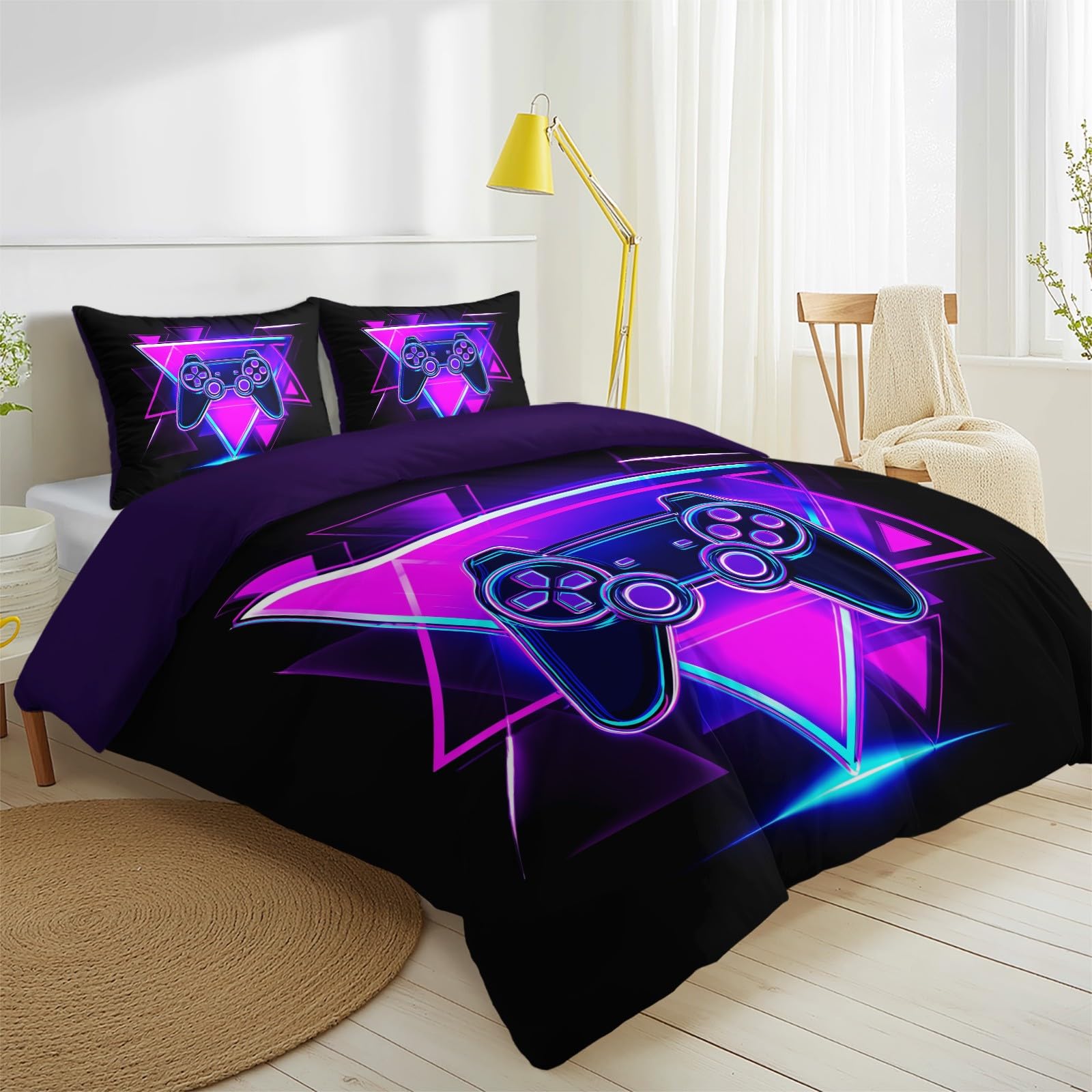 Videogioco Gaming Copripiumino Futuristico Gamepad Neon Geometrico Set da Letto 240 x 220 cm Nero Copripiumino per Ragazzi Ragazze Adolescenti Camera Decorazione con 2 Federe