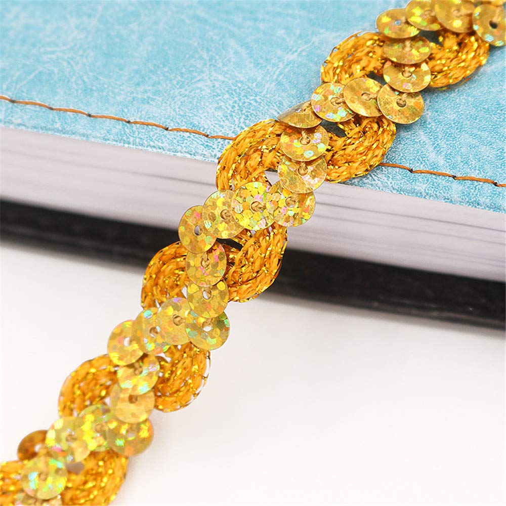 10 Meters 1.5cm Sparkly Sequins Fabric Trim Elastic Sequin Ribbon Trim Bling Stretch Trim Glitter Mesh Shiny Sewing Paillette Ribbon Lace Band for Halloween Mermaid Dress Headband Costume (S-Gold)