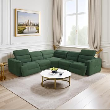 Power Reclining Sectional Sofa, Modern 5 Seater Power Recliner Sofa with Adjustable Headrest & USB Charging Port, Living Room Furniture Set Green Couch with Dual Recliners