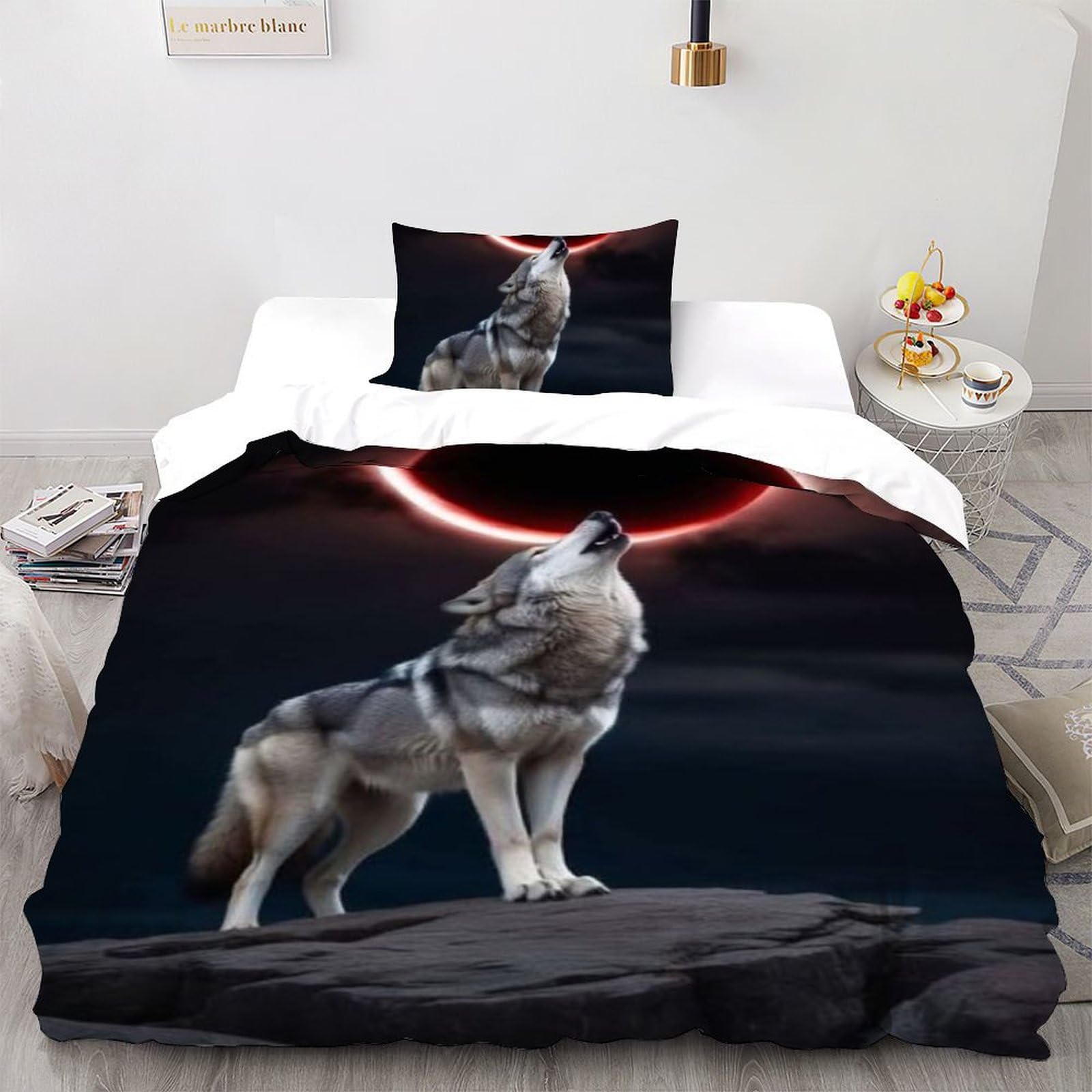 Housse de couette loup 135x200 microfifbre imprimé 3D pour lit une place de fille avec zip