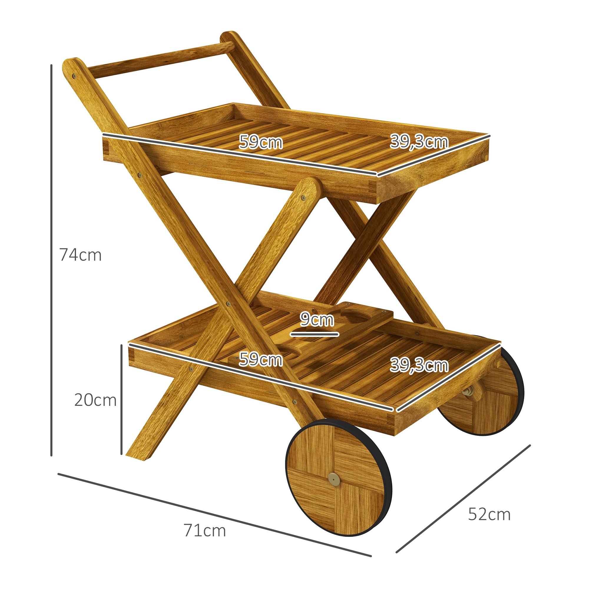 Outsunny Desserte de Jardin Chariot pour Barbecue en Bois avec 2 Plateaux, 3 casiers à Bouteilles et 2 Roues 52L x 71l x 74H cm Bois Naturel