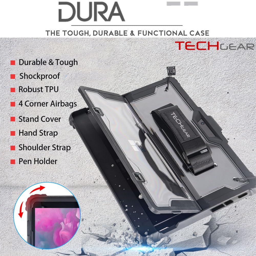 TECHGEAR DuraTUFF Custodia per Microsoft Surface Pro 9 / Surface Pro 10 [Compatibile con Tastiera] Robusta e Resistente Antiurto con Cinghia da Polso, Tracolla, Supporto e portapenne