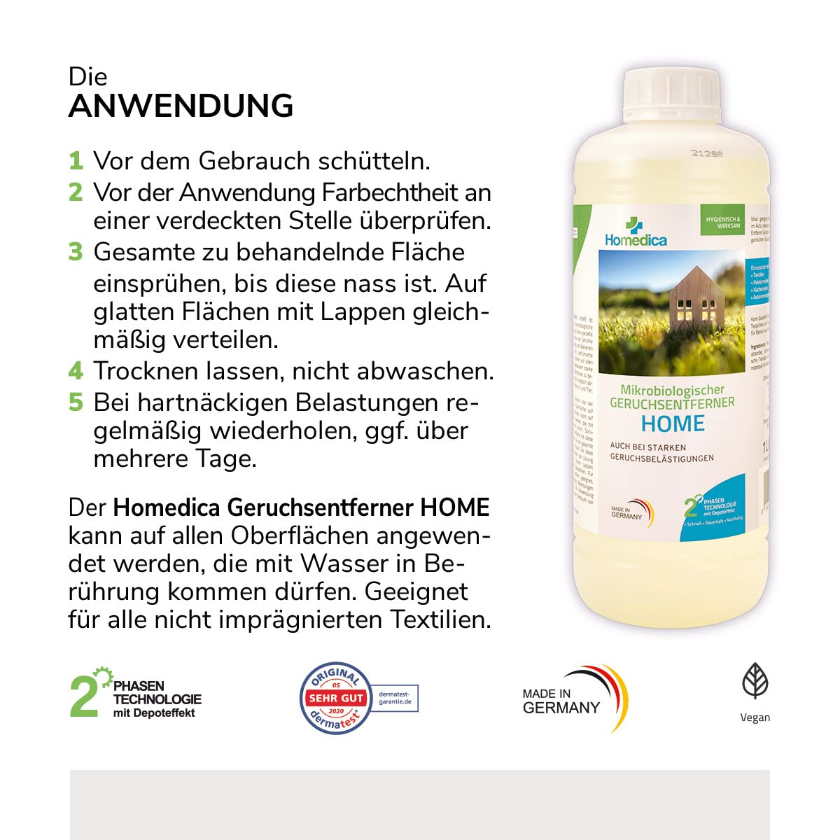 Geruchsentferner Home 1L - Vegan & Made in Germany - Mikrobiologischer Enzymreiniger für Textilien, Polstern & Tierfellen - gegen unangenehme Gerüche