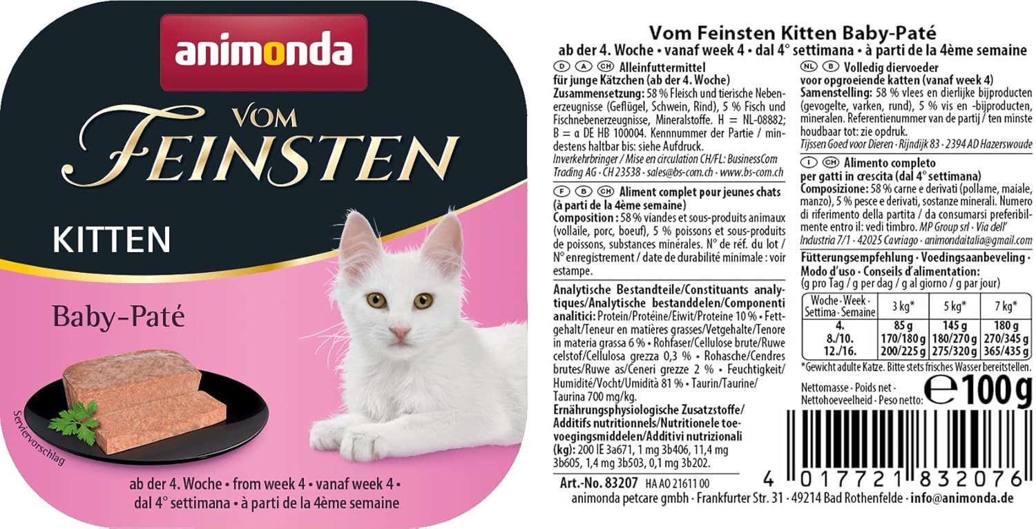 animonda Vom Feinsten Kitten Baby-Paté (32 x 100 g), Kitten Nassfutter für wachsende Kätzchen ab der 4. Woche, Katzenfutter ohne Getreide und Zucker, zart-cremige Konsistenz