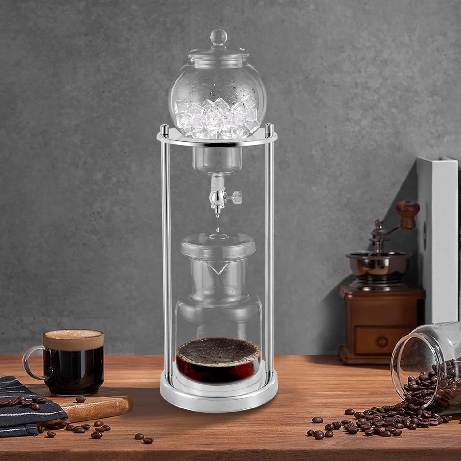 Metal Cold Brew Drip Tower, Ice Cold Drip Tower 600ml Capacity, Iced Coffee Cold Brew Drip Tower, Ice Coffee Maker for Home, Coffee Shops, Offices 6-8 Cups (Silver)