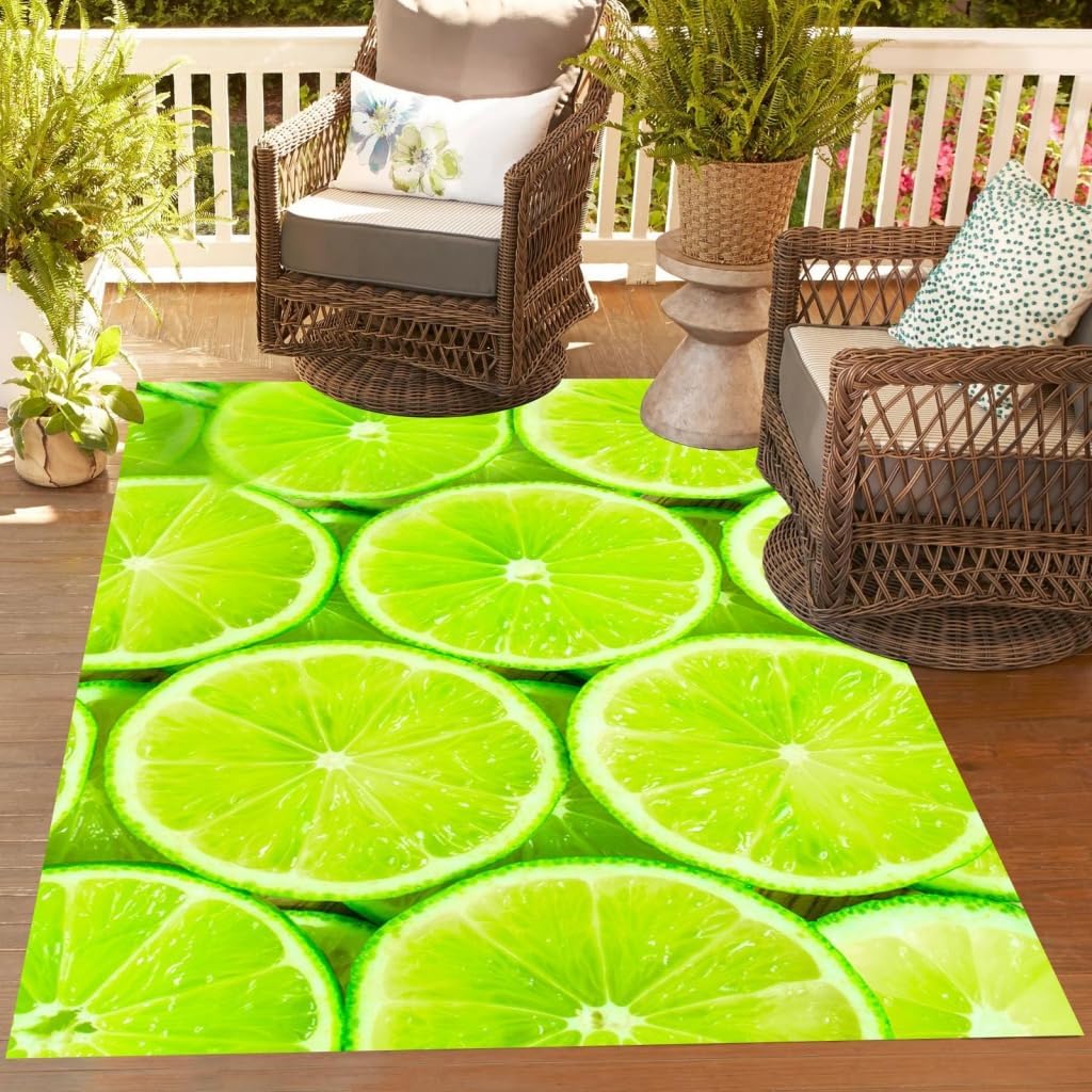 Lime Green Waterproof Durable Outdoor Rug for Patio Deck Porch Backyard Balcony Funky Cute Summer Cool 5x8 Outside Rug RV Camping Floor Carpet No Skid Hallway Kitchen Bathroom Laundry Runner Rug