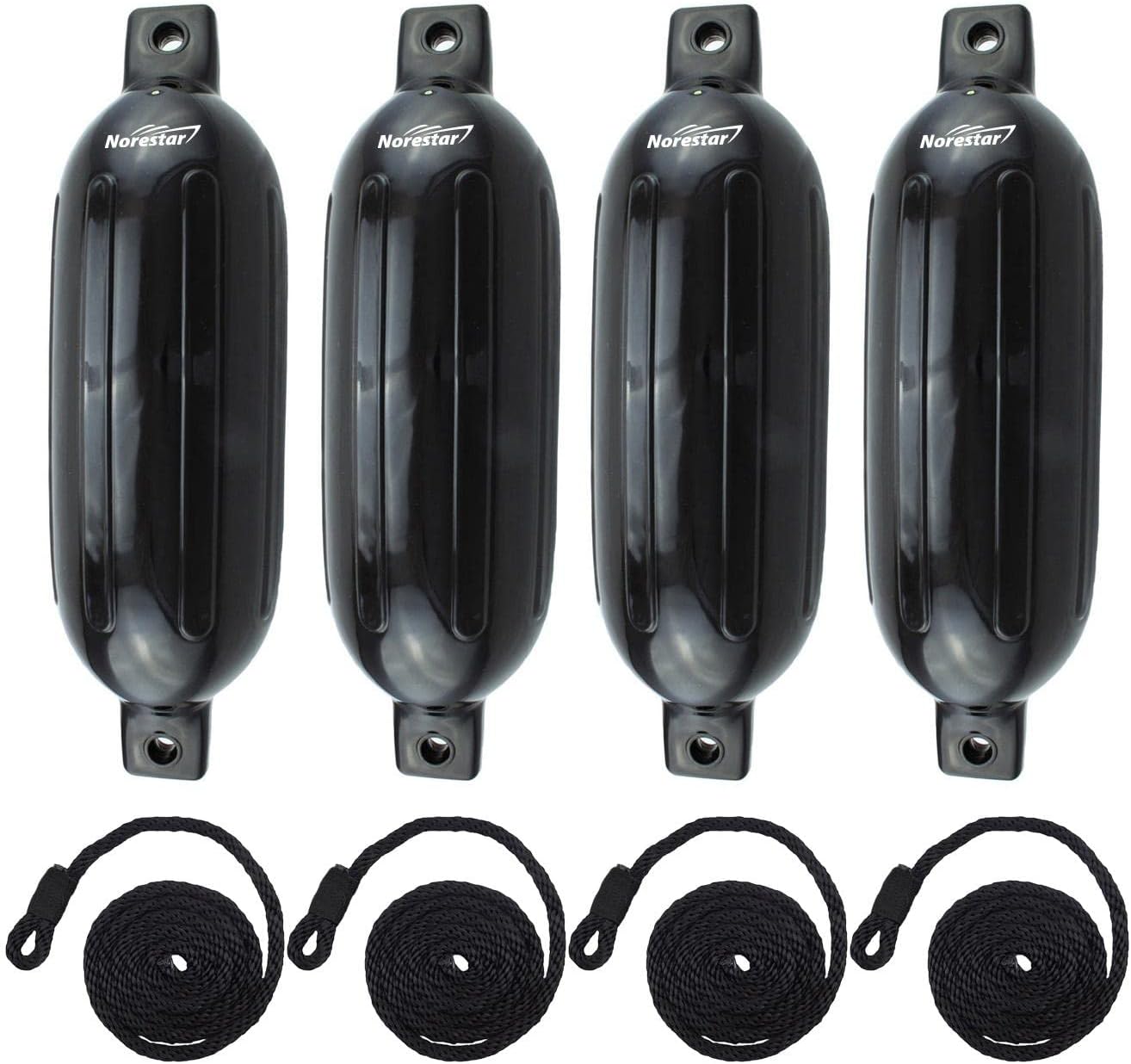 Docking Fenders 4-Pack – Ribbed Boat Bumpers with Fender Lines – Double-Eye Design for Vertical or Horizontal Mount – Marine Vinyl – Ships Deflated – Inflate with Pump