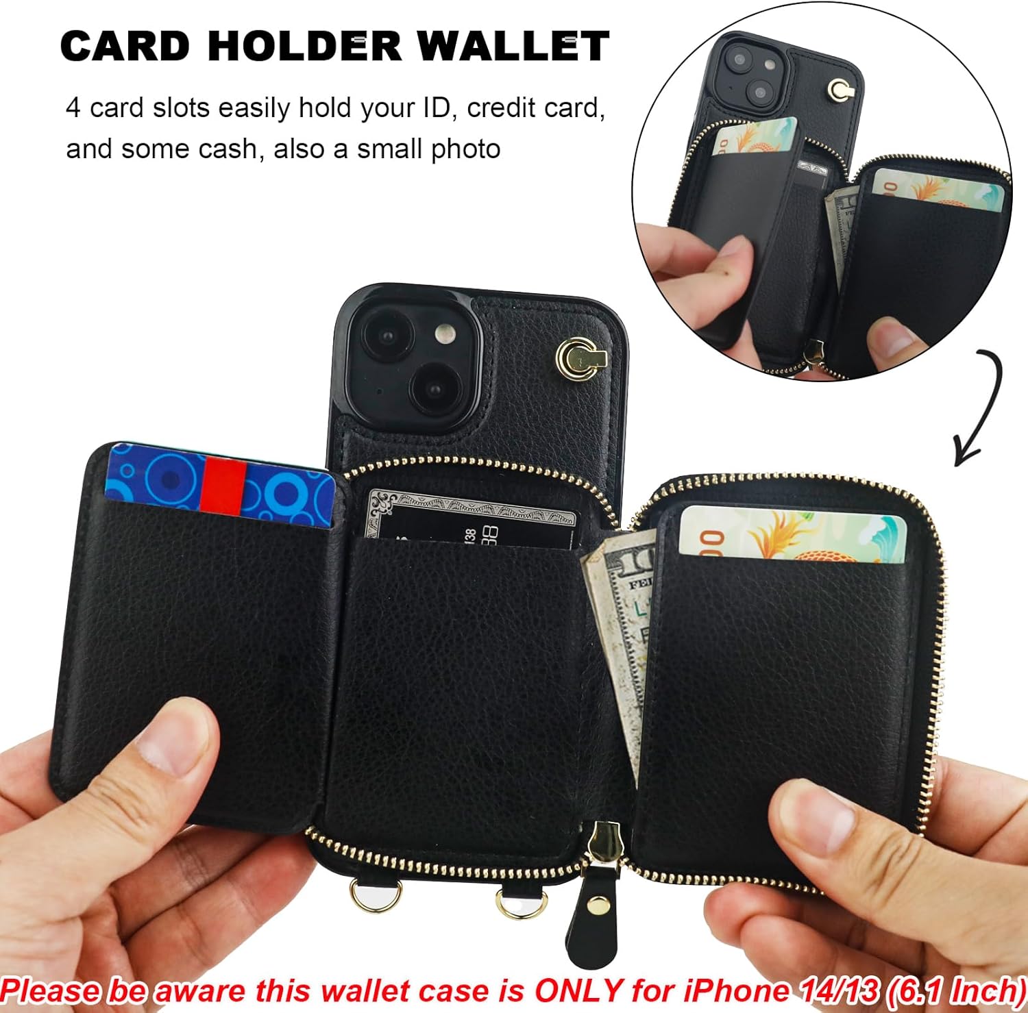 Bocasal for MagSafe Crossbody Wallet Case Compatible with iPhone 14 iPhone 13, RFID Blocking Protective Purse Case with Card Slots Holder Kickstand Wrist Strap Lanyard Zipper 6.1 Inch 5G (Black) - Image 4