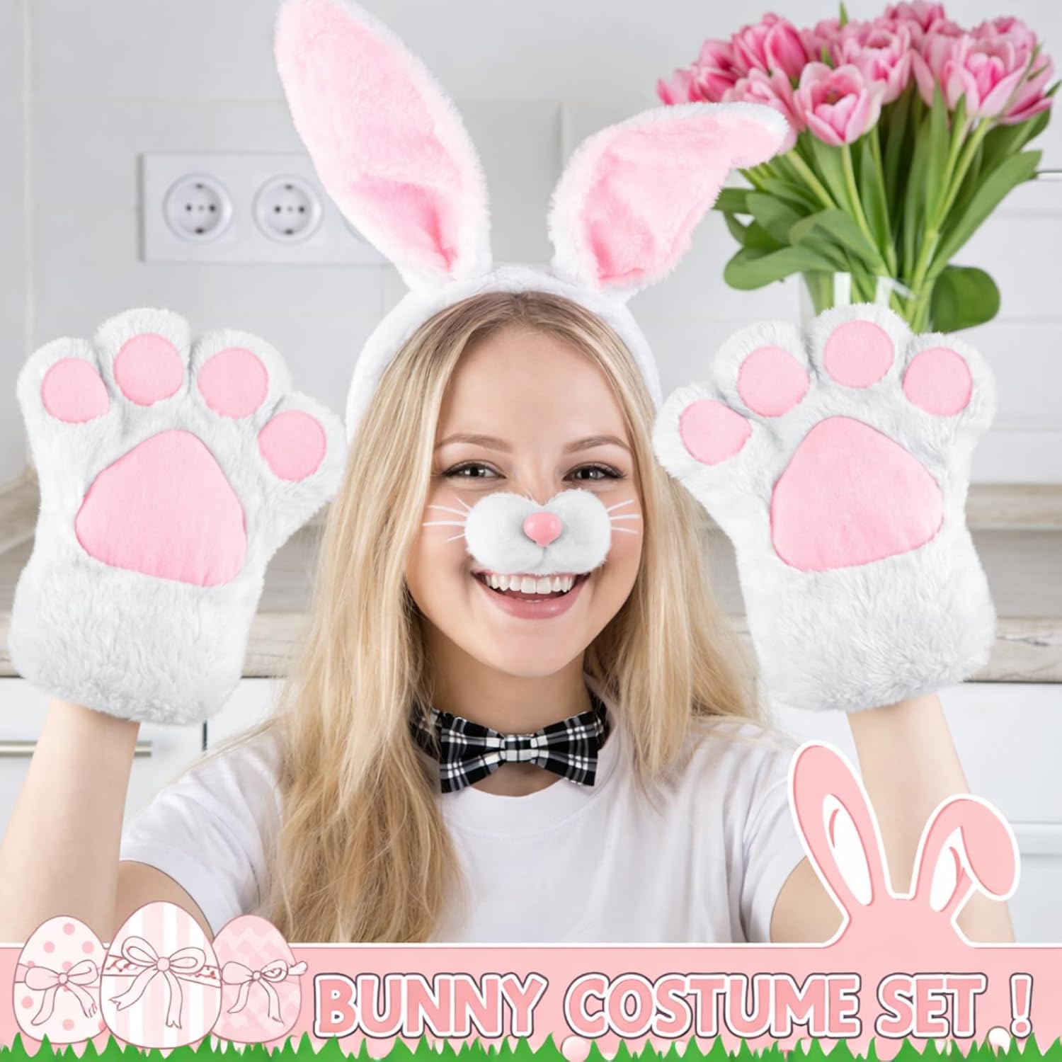 Cozypower 6 Pcs Easter Bunny Costume Cosplay Accessories Kit, Bunny Shoes Ear Headband Nose Tail Rabbit Bow Tie Gloves Easter Spring Party