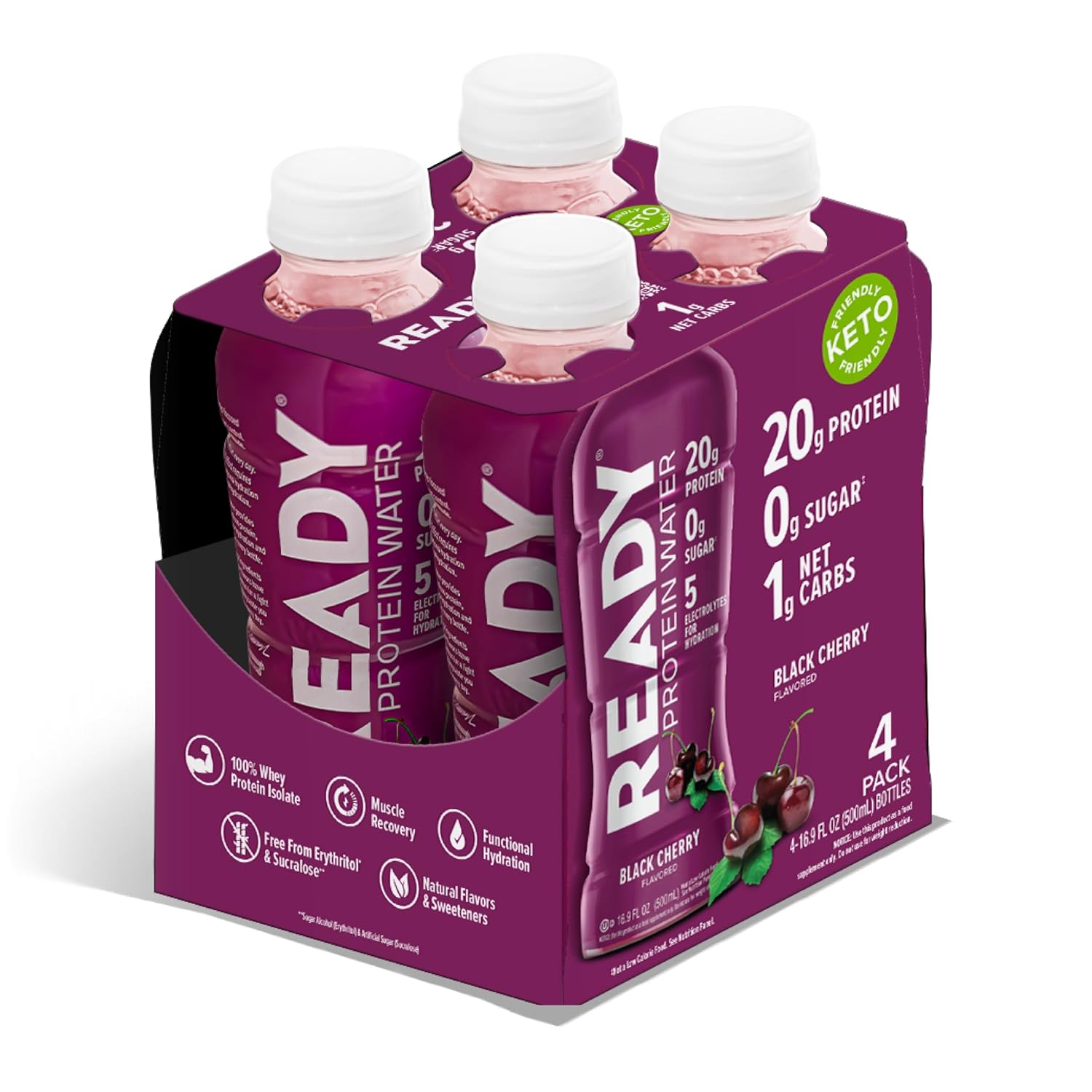 Ready® Clear Protein Water - 20g Whey Protein Isolate, Zero Sugar, Low-Calorie Sports Drink for Hydration & Recovery - Electrolytes, Essential Amino Acids - 8CT Total - 4CT Black Cherry x2, 16.9 fl oz Bottles