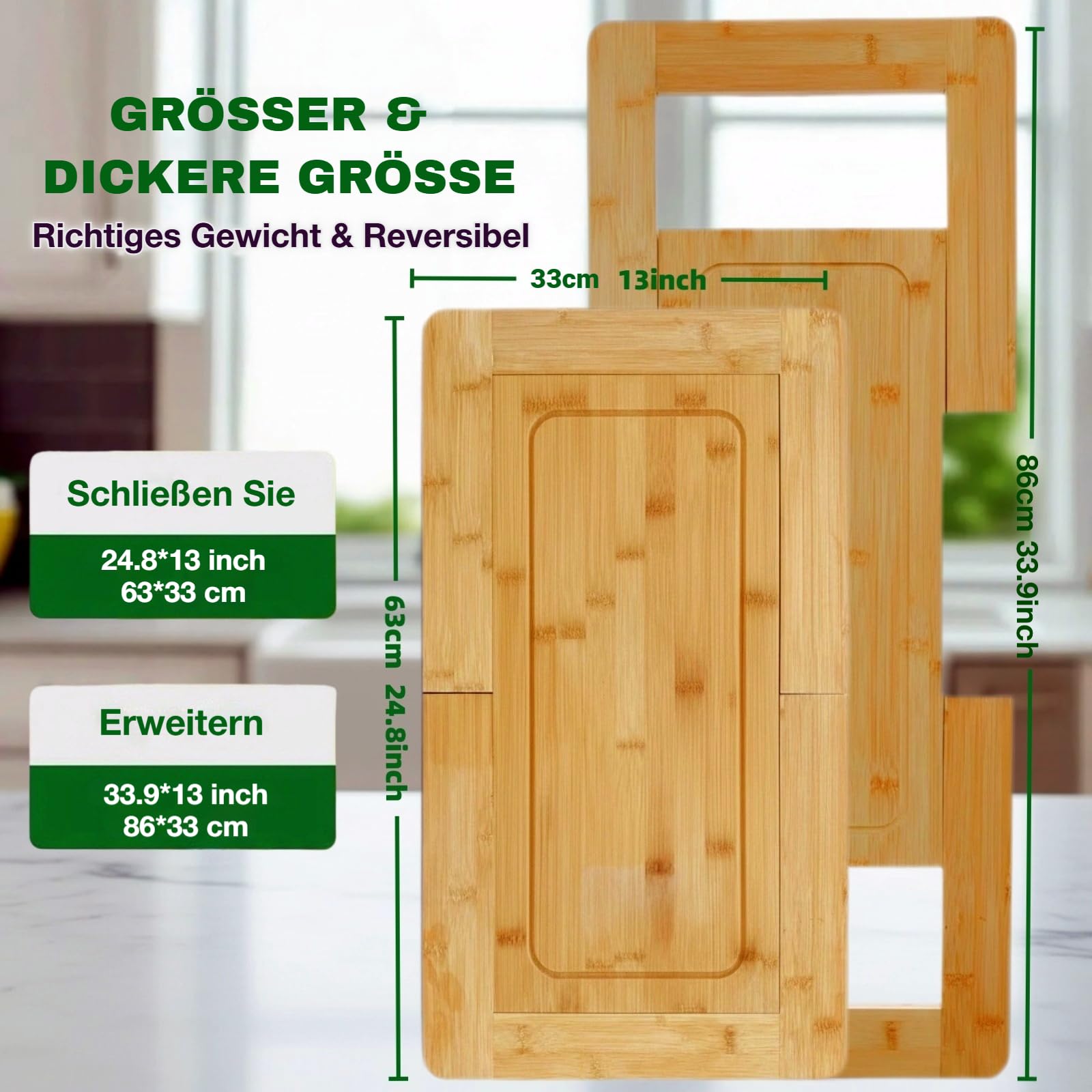 Küchenspüle-Schneidebrett – Ausziehbares Spüle-Schneidebrett mit Tropfschale, Bambus-Schneidebrett，Extra großes Schneidebrett，Spülbecken-montiertes Schneidebrett