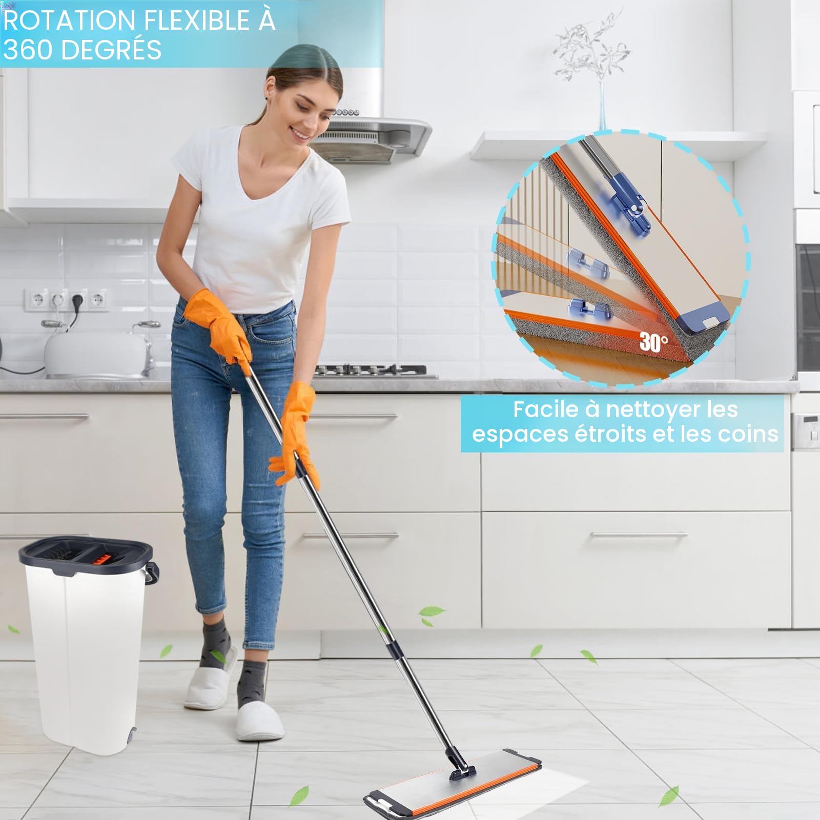 Ensemble Balai Serpillère avec Seau Essoreur,Set de 6 tampons en Microfibre et équipé d'un Manche allongé et épaissi de 155 cm, sépare la saleté de l'eau Douce,pour Tous Les sols, Blanc