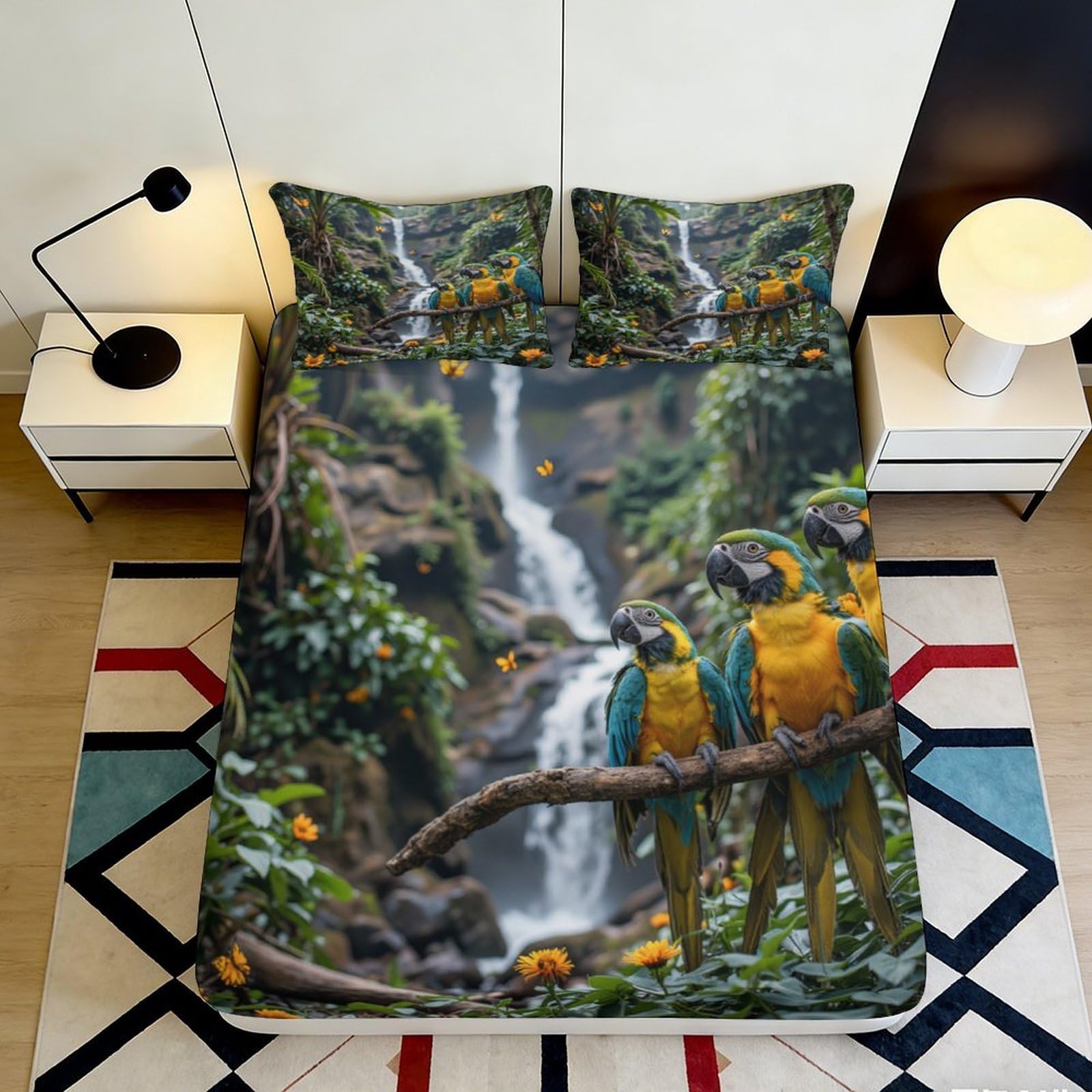 3D Printed Tropical Parrot Fitted Sheet Microfiber Soft Waterfall Forest Mattress Cover for Bedroom Guest Room Décor 180x200x25cm
