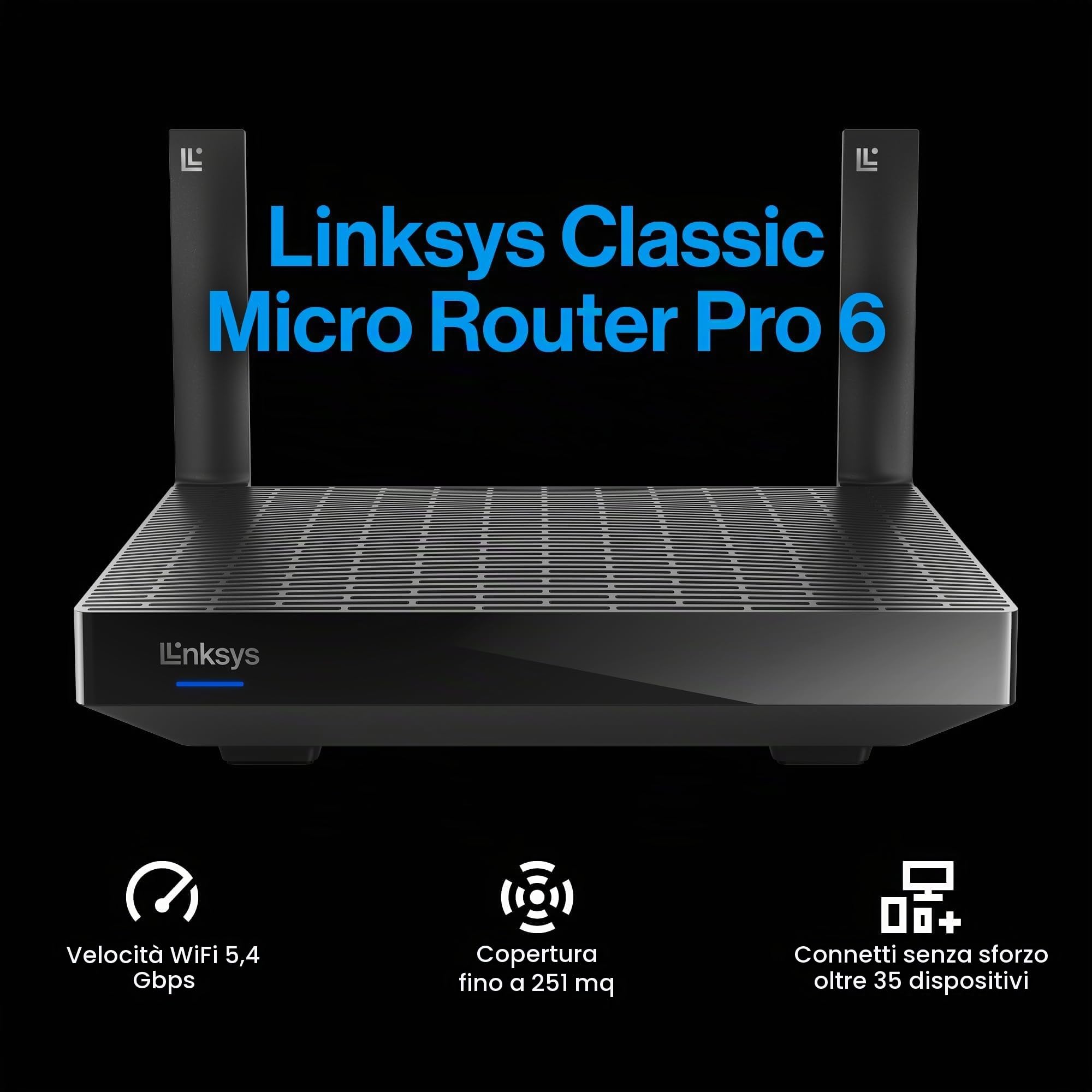 Linksys Micro Router Classic Pro 6, Router WiFi 6 Mesh Dual Band (AX5400), Router Wireless Gigabit, Fino a 5400 Mbps, Più di 35 Dispositivi e 250 m² di Copertura