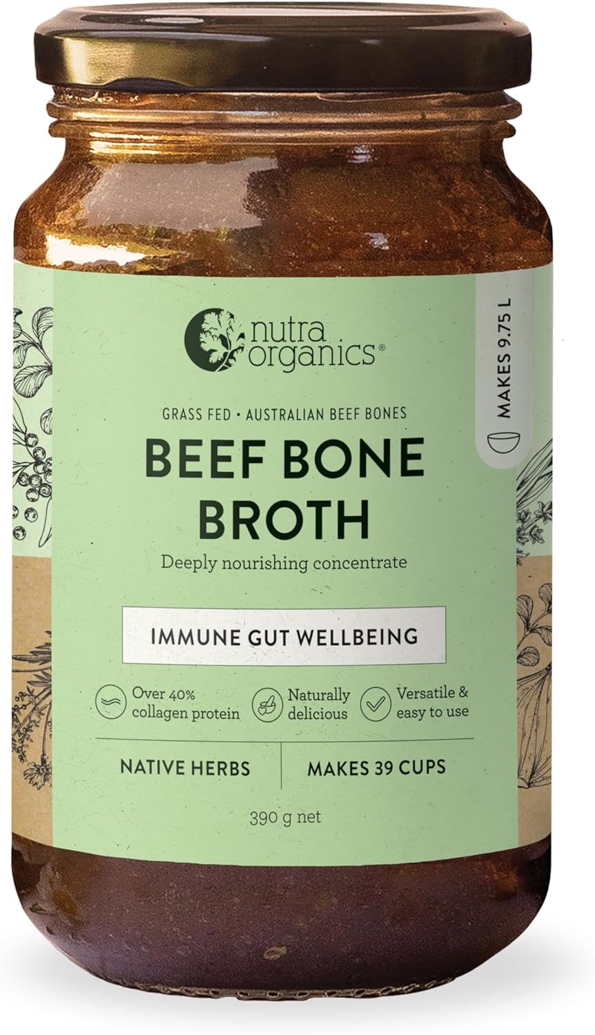 Nutra Organics Beef Bone Broth Concentrate Native Herbs 390g Packed