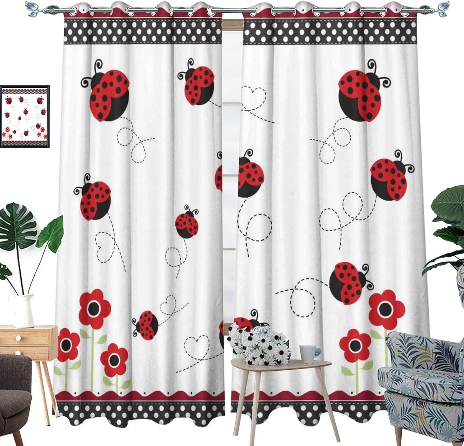 Cartoon Red and Black Plaid Ladybug Blackout Curtains - Cute Forest Animal Theme Dot Decor Grommet Window Curtain Set Energy Saving Thermal Insulated Drapes for Living Room Nursery,2 Panels 63L x 21W