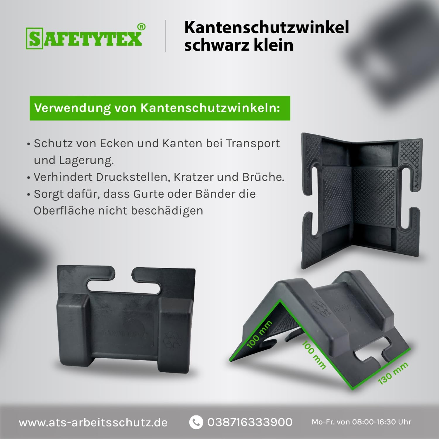 Safetytex Kantenschutzwinkel aus Kunststoff - Stabiler Schutz für Ihre Ware - Für Spanngurte bis 65 mm - 100 x 100 x 130 mm - Gurtfixierung durch Seitenführung - Druckpunktverlagerung (50 Stück)