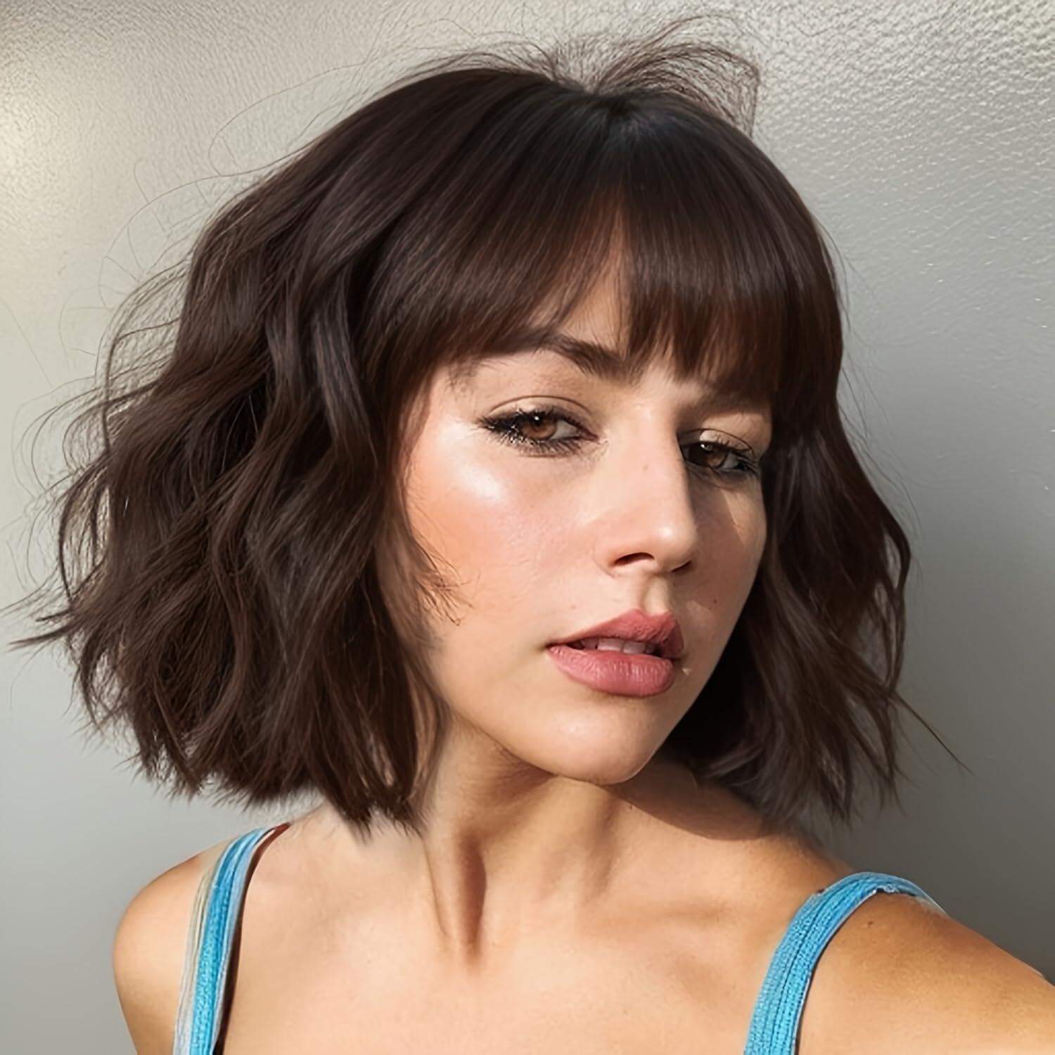 ISAMY Short Bob Wigs With Air Bangs Shoulder Length Women's Wig Bob Curly Wavy Synthetic Cosplay Wig for Girls Daily Use Colorful Wigs (Brown) - Image 2
