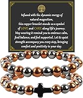 2PCS Pure Copper Bracelets for Women Men with Hematite Beads, Healing Crystals, Tiger Eye Obsidian & Cross Charm - Adjustable Stretch Jewelry Christian Gifts