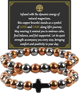 2PCS Pure Copper Bracelets for Women Men with Hematite Beads, Healing Crystals, Tiger Eye Obsidian & Cross Charm - Adjustable Stretch Jewelry Christian Gifts