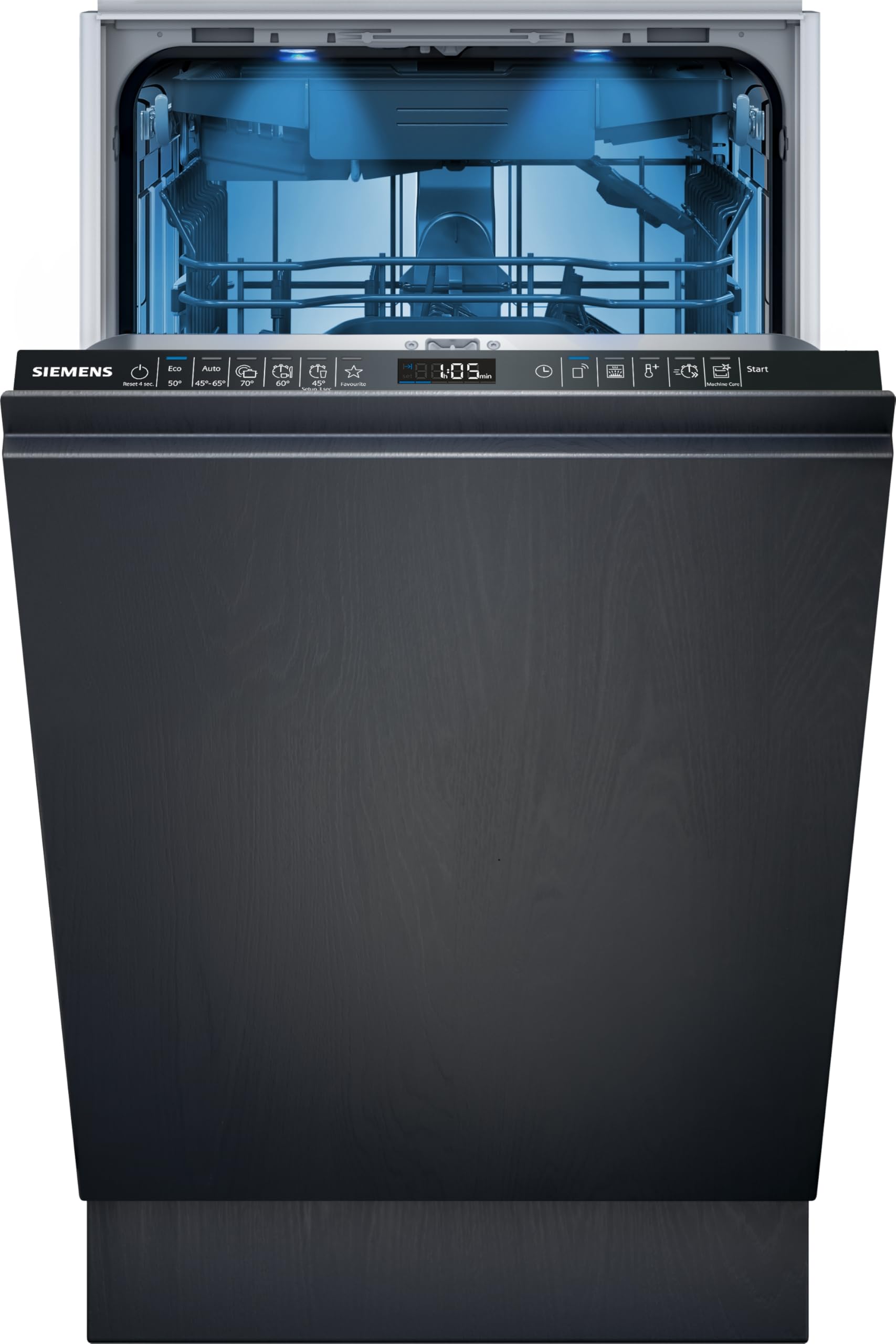 Siemens SR65EX09ME iQ500 Lavavajillas totalmente integrado, 45 cm, varioSpeed Plus, autoOpen dry, smartStart, sistema de cesta VarioFlex Pro, varioCajón, aquaStop, soporte para botellas, timeLight