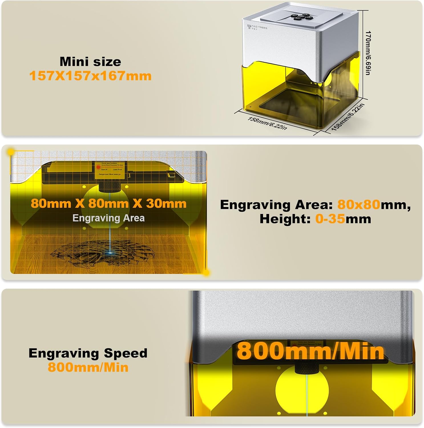 Diagram showing the dimensions of the TS1 Mini (157x157x167mm), engraving area (80x80mm), and engraving speed (800mm/min).