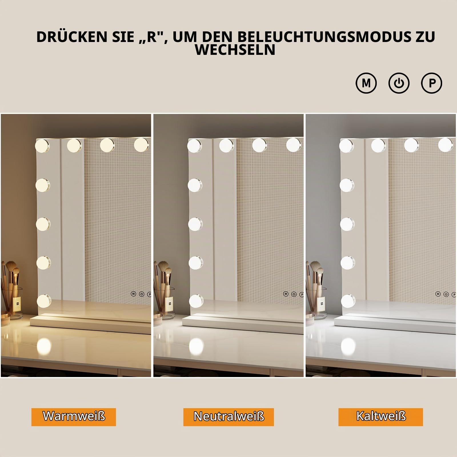Hollywood Spiegel mit Beleuchtung 15LED, USB-Ladeanschluss | Schminkspiegel mit Beleuchtung 58x46CM, Schminktisch Spiegel mit Touch-Schalter, Ideal Geschenk für Sie