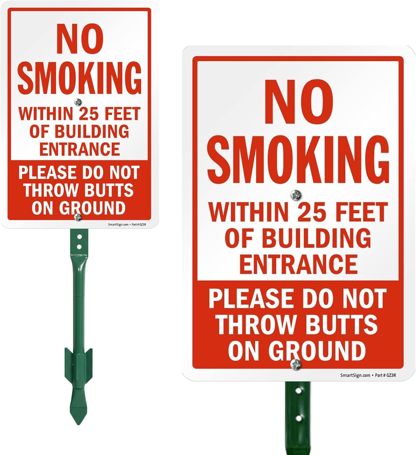 SmartSign 10" x 7" 'No Smoking Within 25 Feet Of Building Entrance - Do Not Throw Butts On Ground' Yard Sign and 18 inch Stake Kit, 40 mil Laminated Aluminum, Red and White