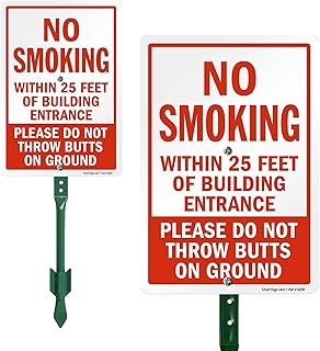SmartSign 10" x 7" 'No Smoking Within 25 Feet Of Building Entrance - Do Not Throw Butts On Ground' Yard Sign and 18 inch Stake Kit, 40 mil Laminated Aluminum, Red and White, USA-Made
