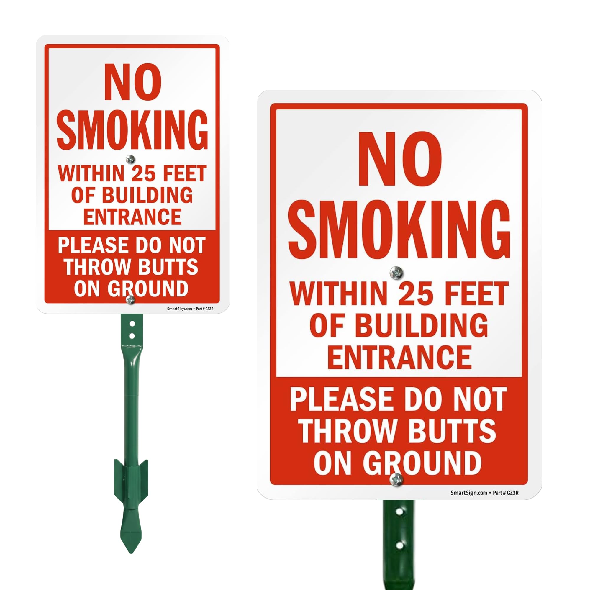 Photo 1 of SmartSign 10" x 7" 'No Smoking Within 25 Feet Of Building Entrance - Do Not Throw Butts On Ground' Yard Sign and 18 inch Stake Kit, 40 mil Laminated Aluminum, Red and White