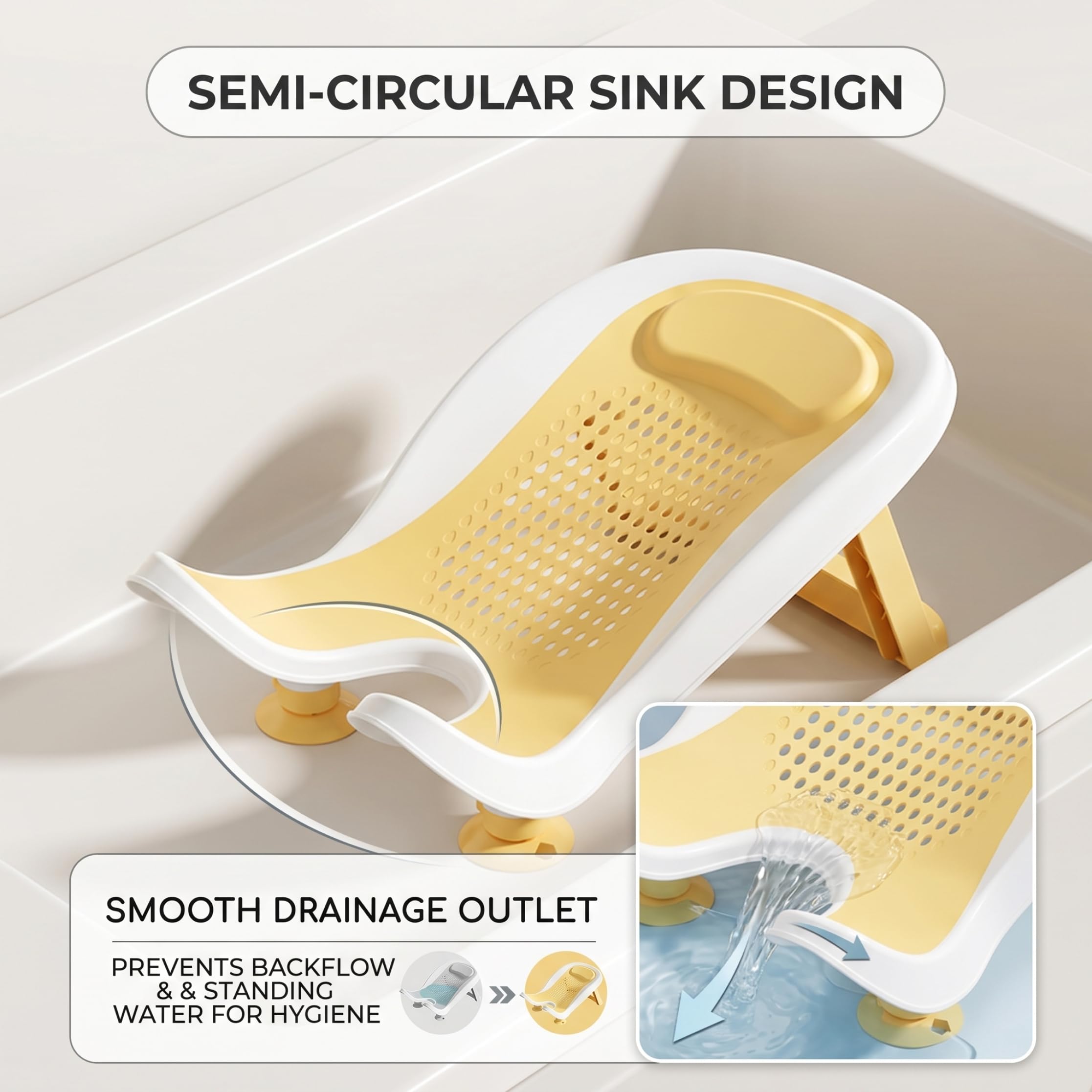 Lavabo para bebés, soporte para lavabo de bebé, higiénico sin reflujo con respaldo ergonómico y ventosas, amarillo higiénico sin reflujo con respaldo ergonómico ventosas