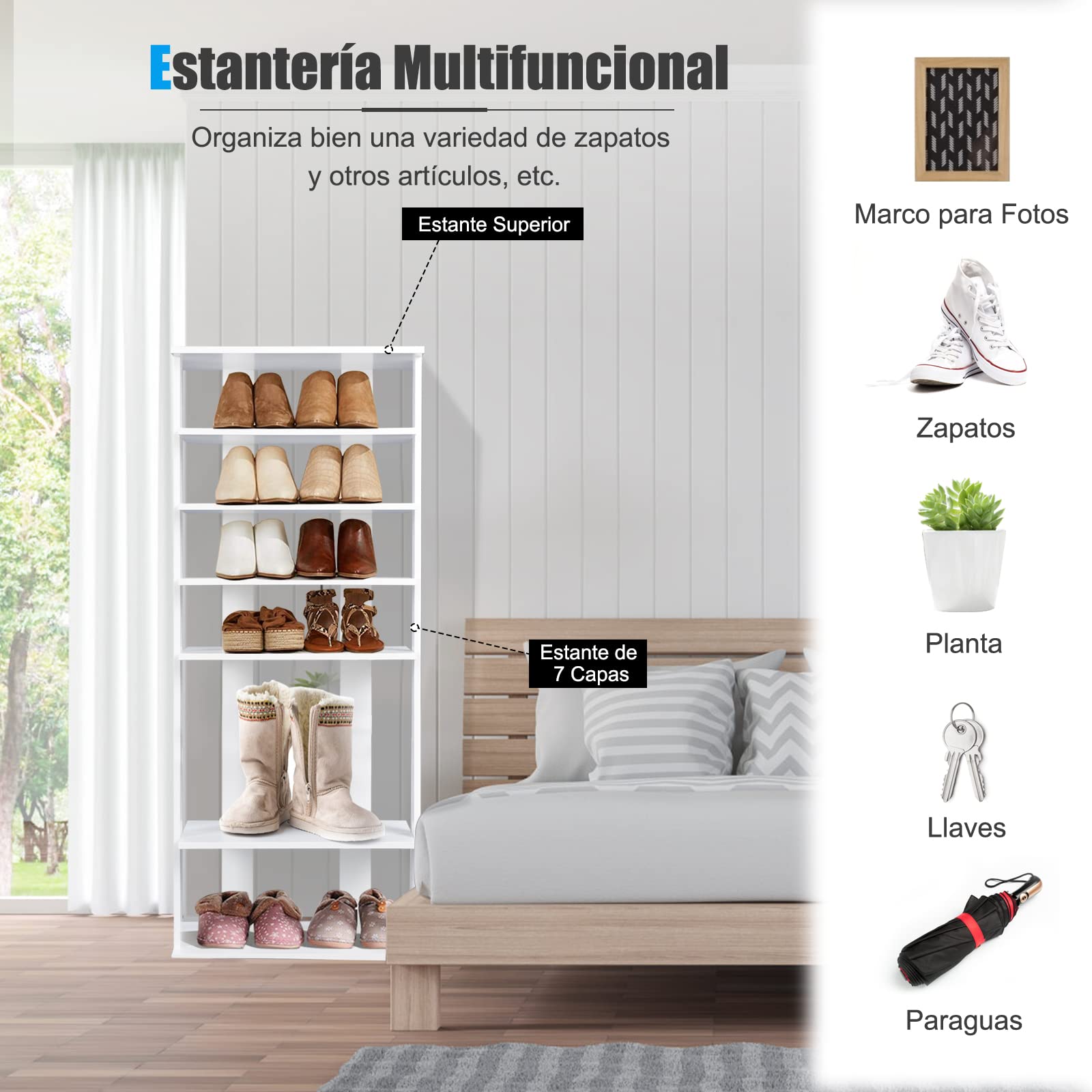 COSTWAY Estante de Zapatos Vertical Industrial de 7 Niveles, Torre de Almacenamiento de Zapatos de Estilo Retro, Panel Extraíble 45 x 25 x 110 cm (Blanco)