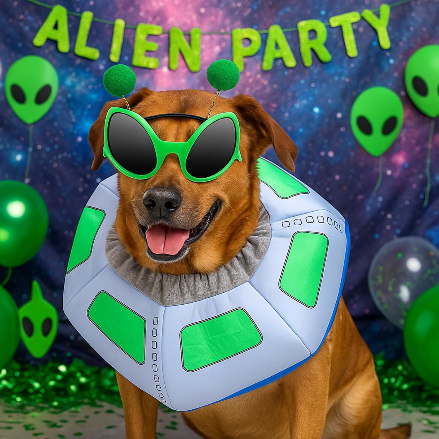 3 Pcs Halloween UFO Alien Dog Costume Set | Fun Spaceship Costume, Alien Headband and Green Glasses, Halloween Puppy Cosplay Party Outfits Supplies