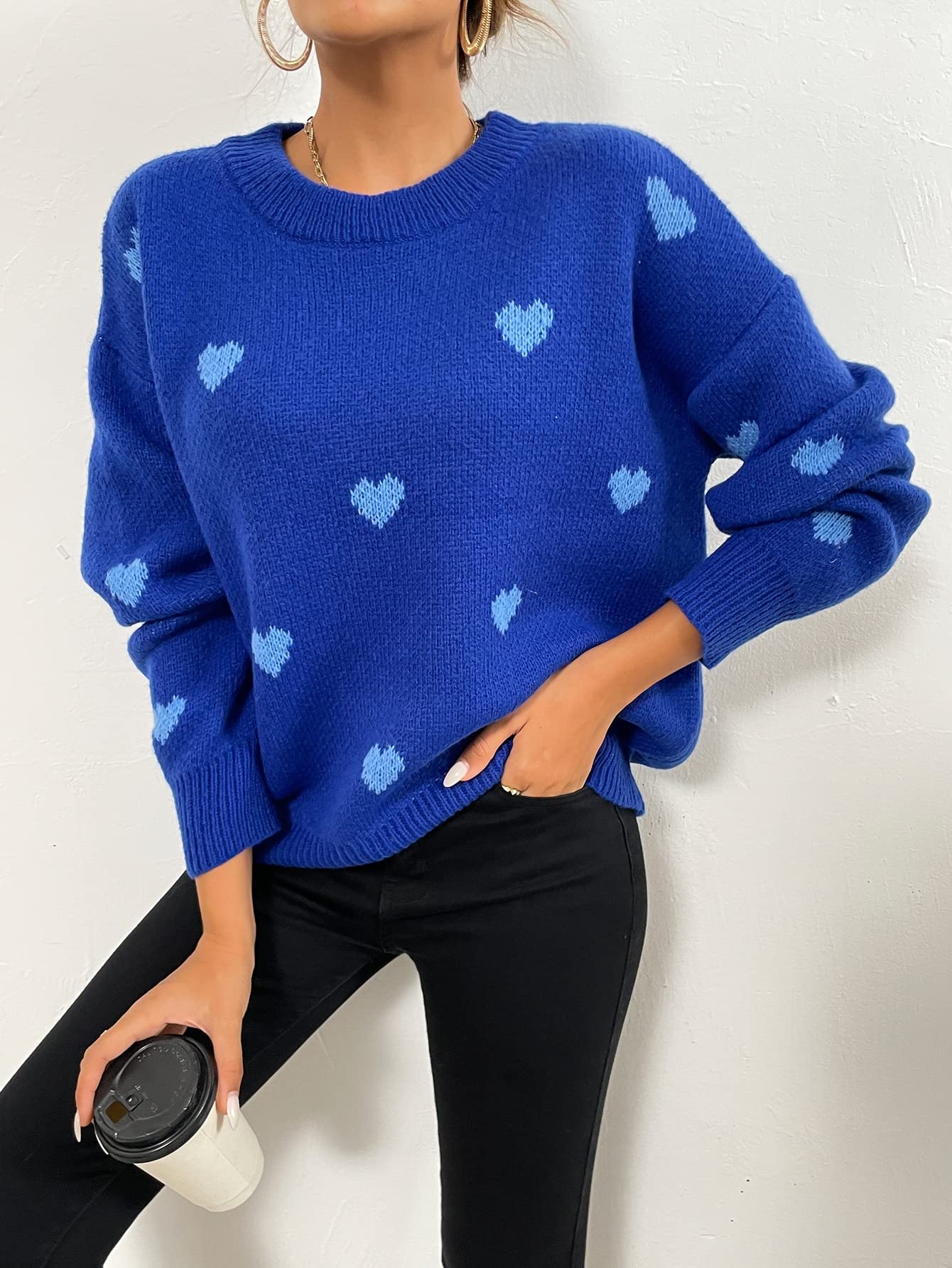 Amazon.com: Neeno Heart Pattern Drop Shoulder Sweater (Color