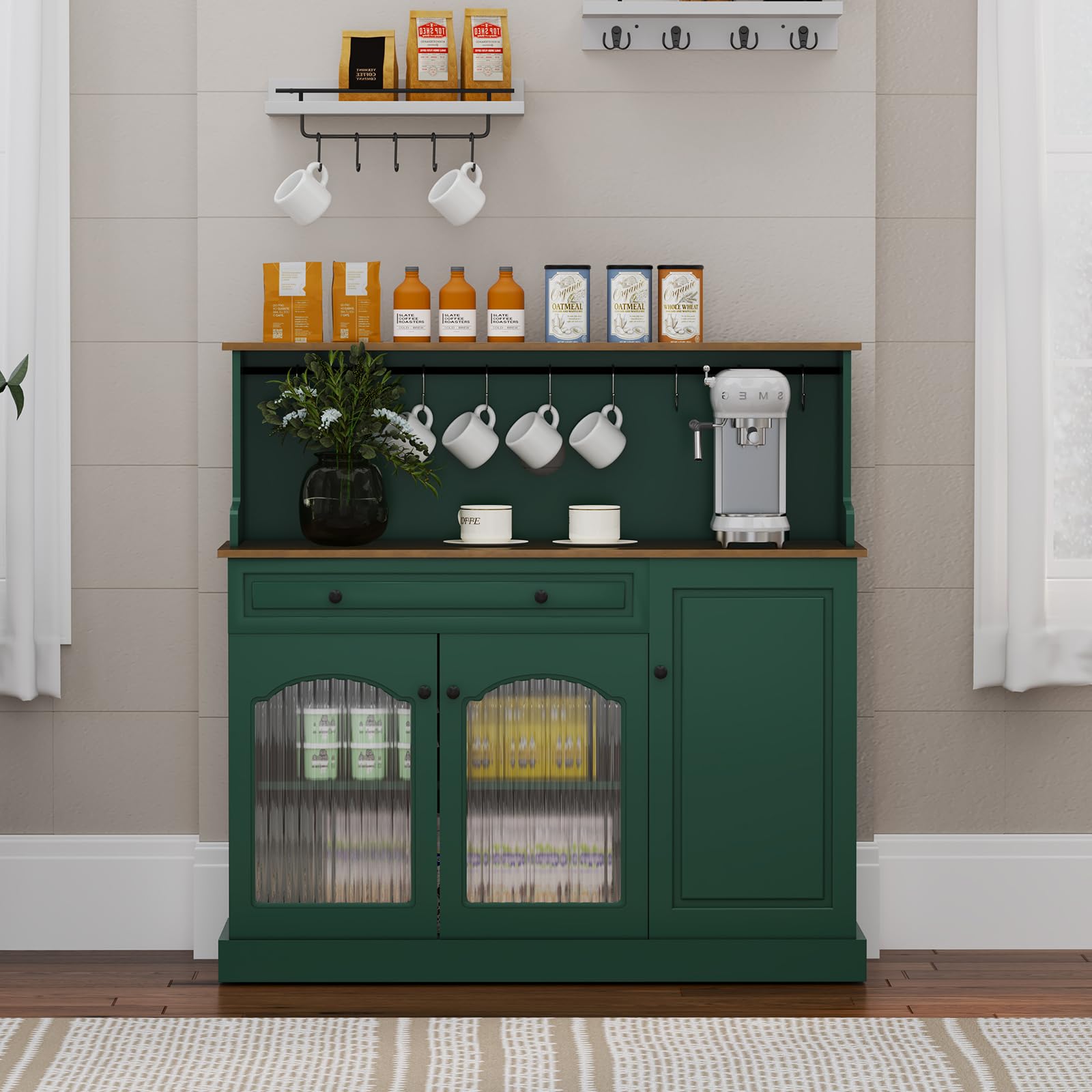 HOLTICO Vaisselier Buffet de Cuisine avec Plan de Travail, Meuble pour Micro-Onde et Bar à Café, avec Armoire de Rangement, Tiroir et Étagères, pour Salle à Manger, Salon, 120 x 120 x 40 cm, Vert