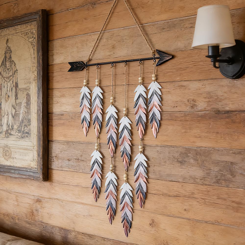 DECORKEY Metal Feather& Arrow Wall Decor, Native American Indian Style Decorations Indoor And Outdoor, Arrow & Feather Western Wall Art, Wind Chime Pendants,Gift, American Indian Decoration (Colorful)