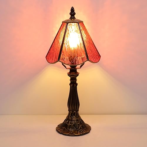 Miniatura 8 de Small Tiffany Table Lamp Pink Bark Pattern Style Stained Glass Desk Lamps 6X6X14 Inch Bronze Resin Base Antique Mini Accent Light Pink Bark