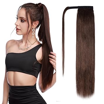 Brown Ponytail Extension Remy Human Hair Clip in Ponytail Hair Extensions Wrap Around Pony Tails Hairpiece Comb Binding Long Straight One Piece Hair for Women 16 inch Medium Brown #4