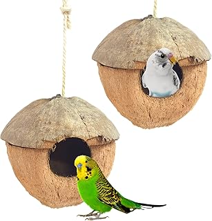 PINVNBY Natural Coconut Bird Hide Nest Hut House Coconut Shell Breeding Bird Nest Coconut Fiber Hanging Birdhouse Cage Habitats Decor for Pet Parrot Budgies Parakeet Lovebird Finch Canary(2 Packs)